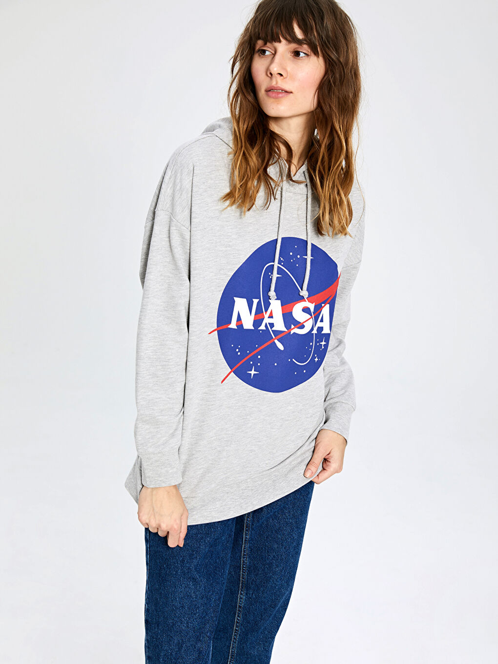 Gri Nasa Baskılı Kapüşonlu Sweatshirt-1