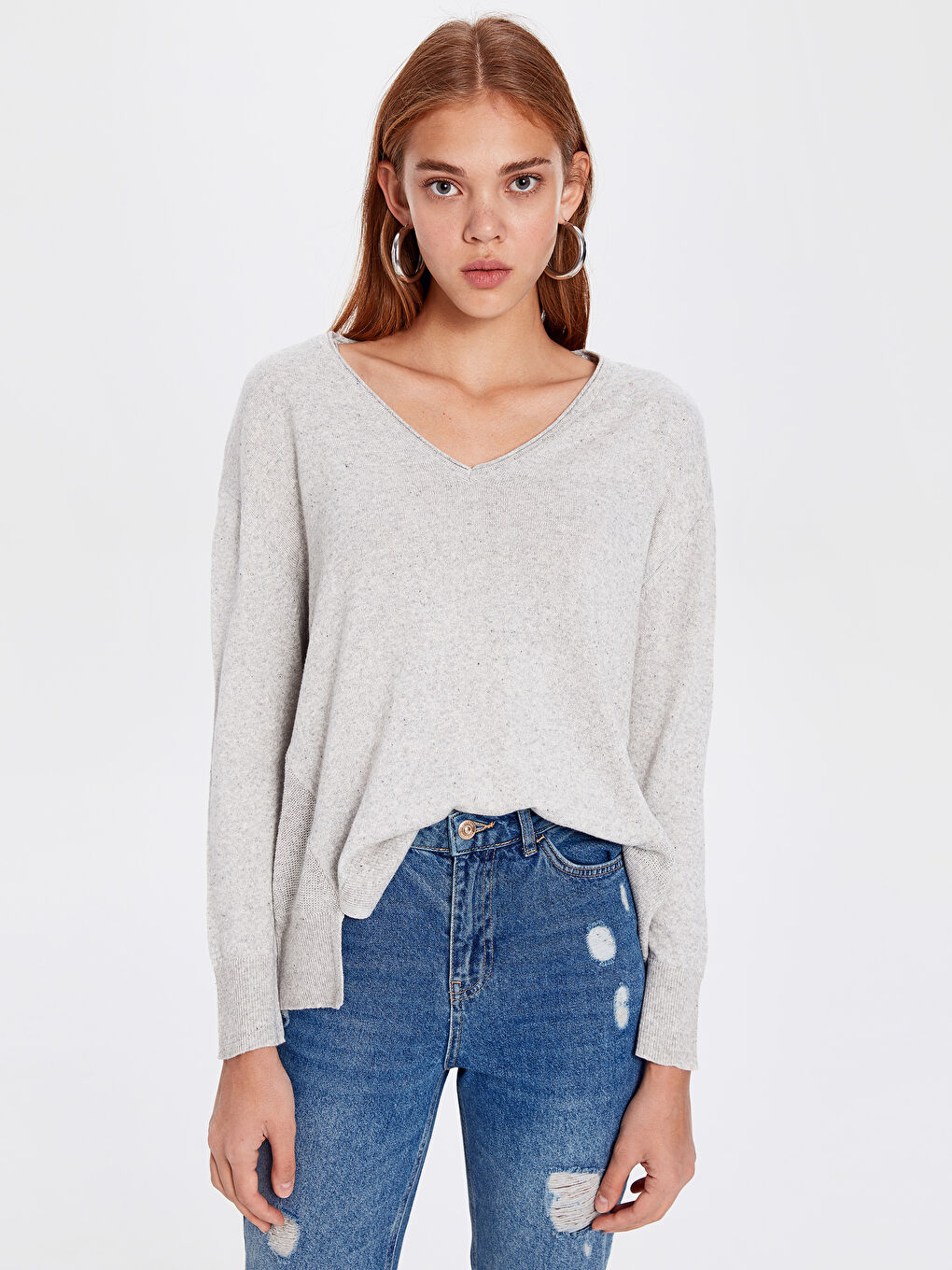 سويتر كم طويل بياقة على شكل حرف V للسيدات-1