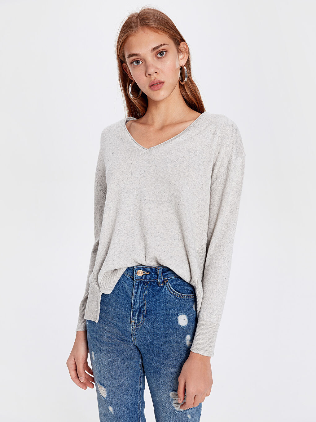 سويتر كم طويل بياقة على شكل حرف V للسيدات-2