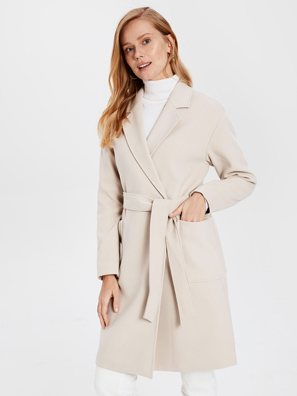 Bej Ceket Yaka Uzun Kaşe Kaban