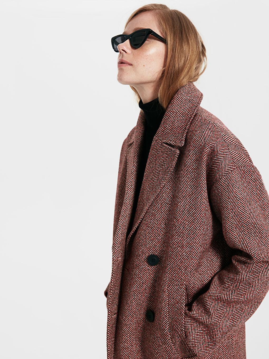 Kırmızı Uzun Kollu Kadın Kaşe Kaban-2