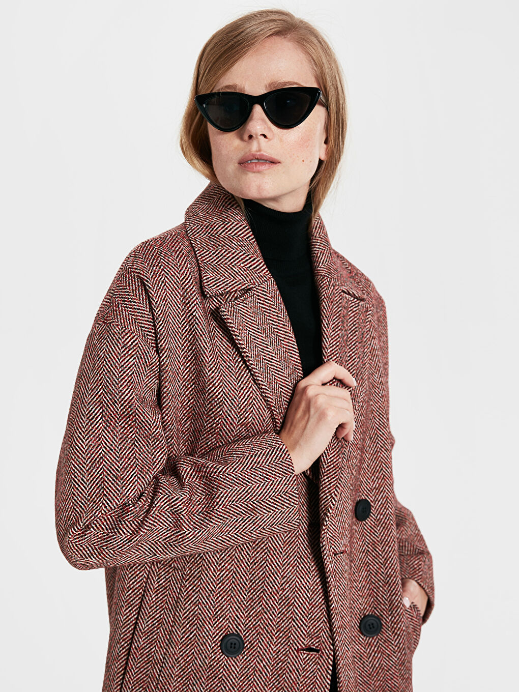 Kırmızı Uzun Kollu Kadın Kaşe Kaban-3