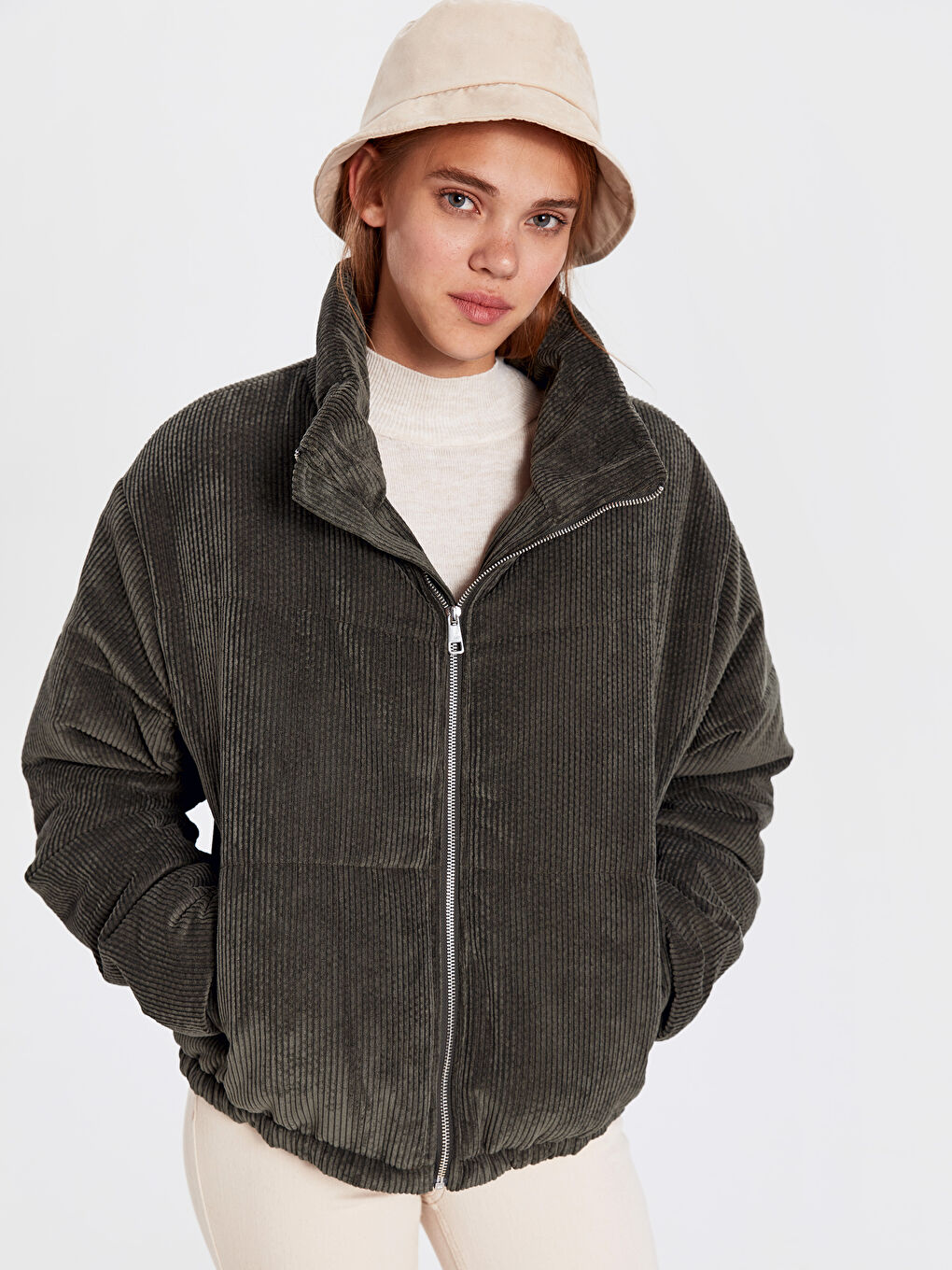 Haki Uzun Kollu Kadın Şişme Mont-1