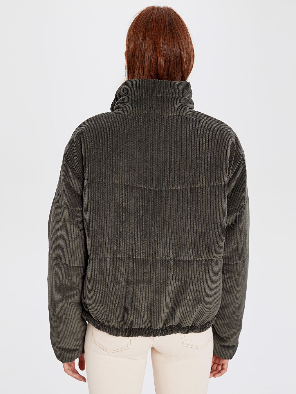 Haki Uzun Kollu Kadın Şişme Mont-3