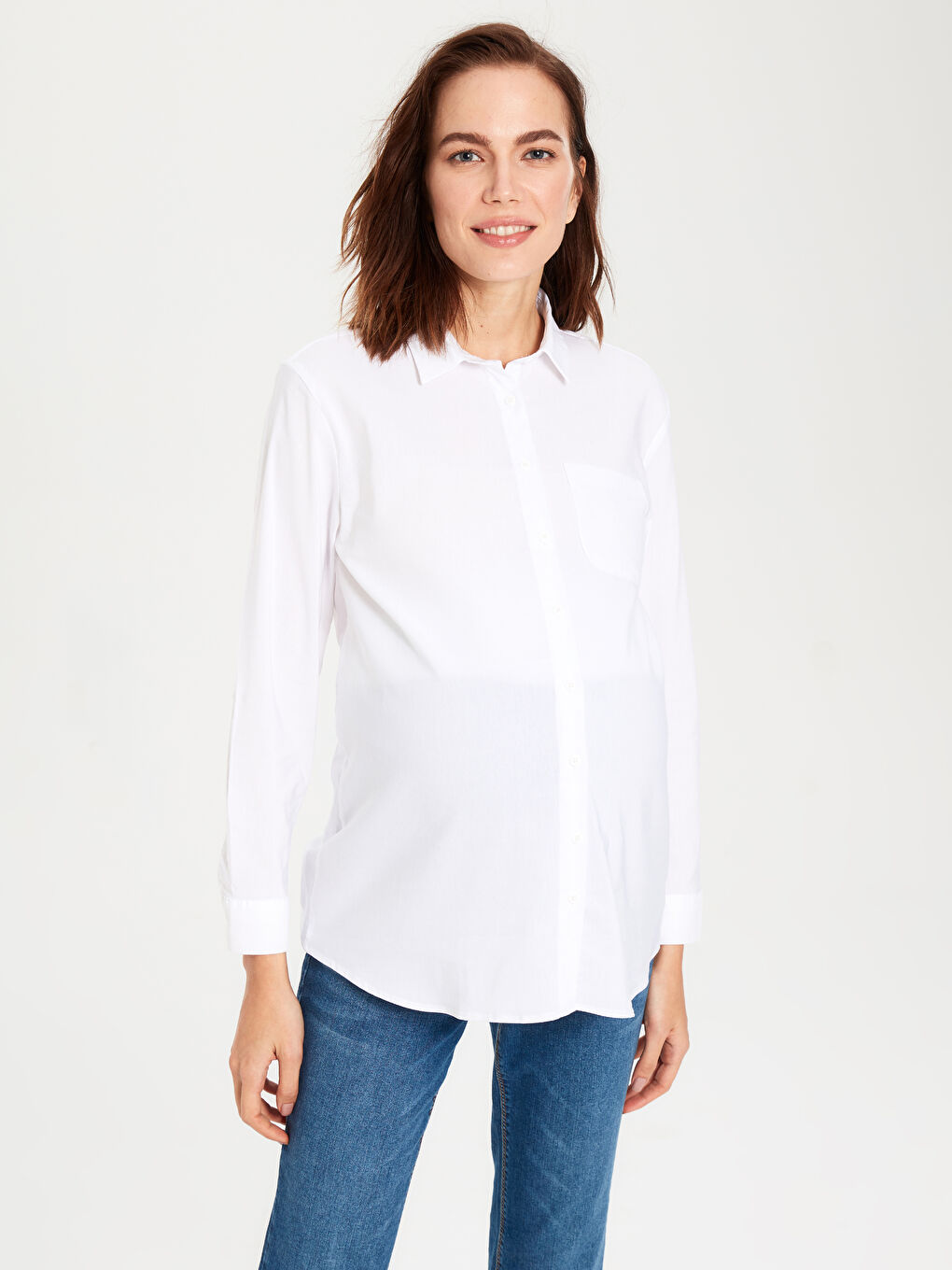 Beyaz Önden Düğme Kapamalı Düz Hamile Gömlek-1