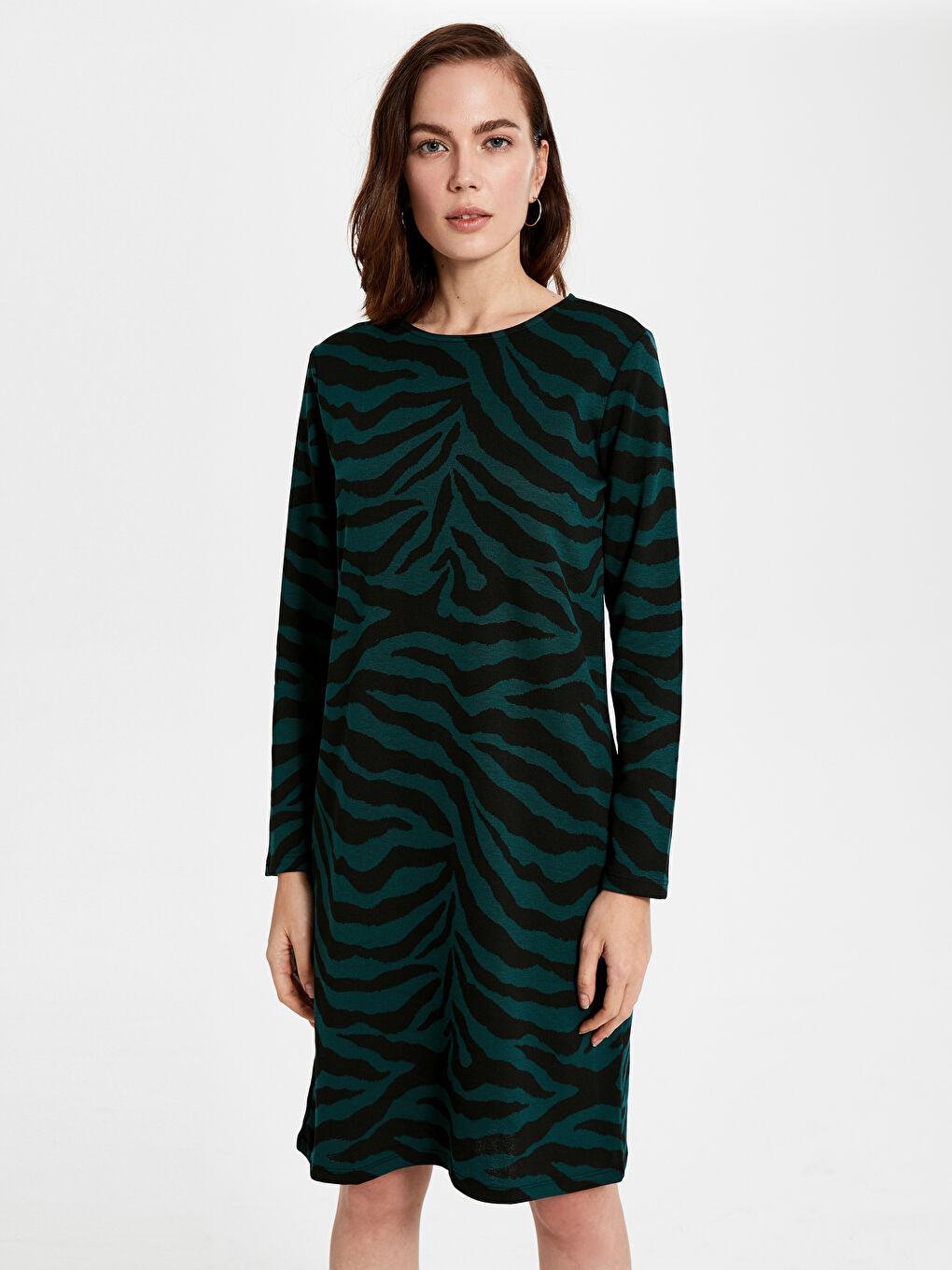 Yeşil Bisiklet Yaka Uzun Kollu Kadın Elbise