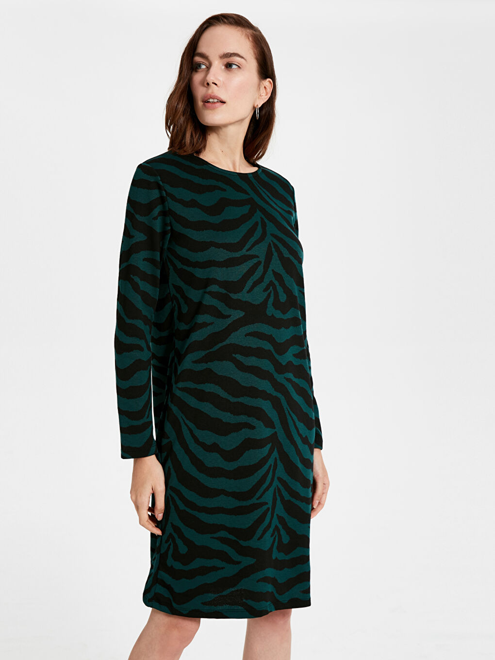 Yeşil Bisiklet Yaka Uzun Kollu Kadın Elbise-1