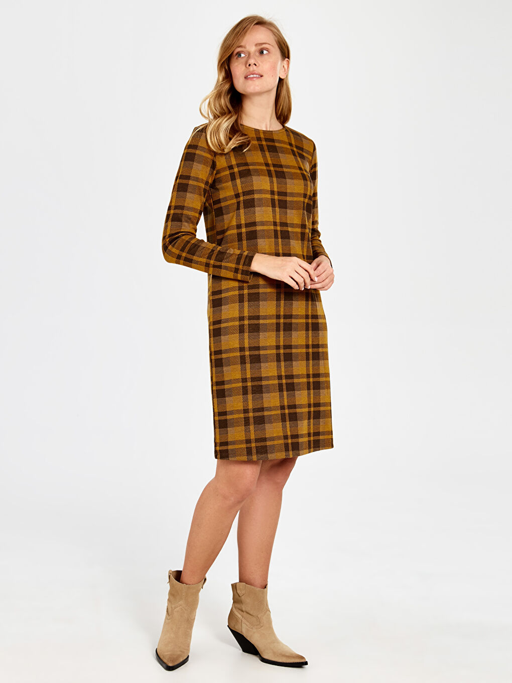 Sarı Bisiklet Yaka Uzun Kollu Kadın Elbise