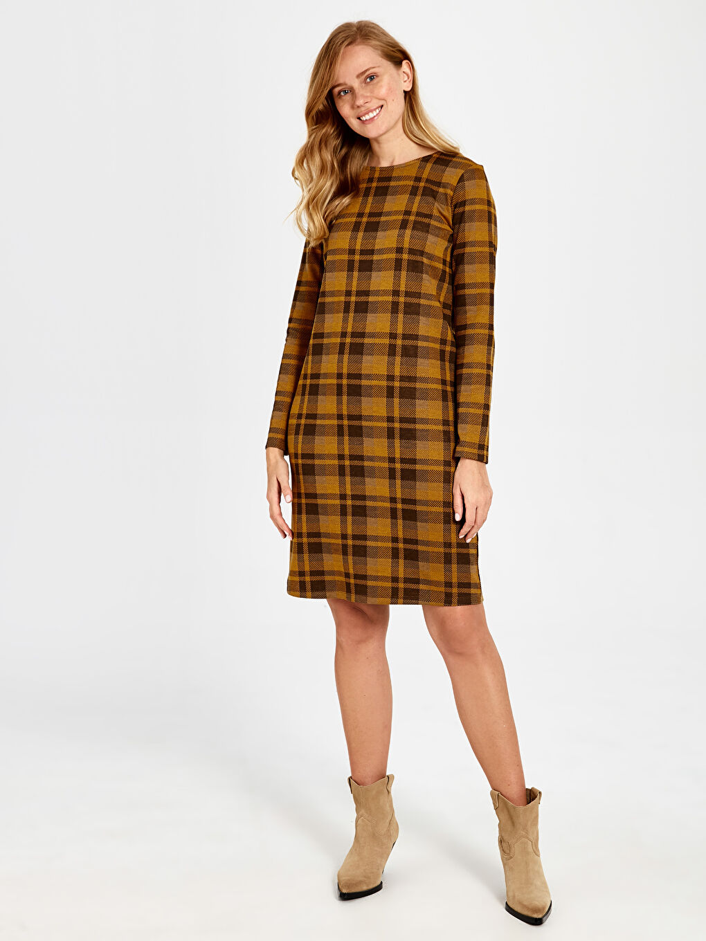 Sarı Bisiklet Yaka Uzun Kollu Kadın Elbise-1