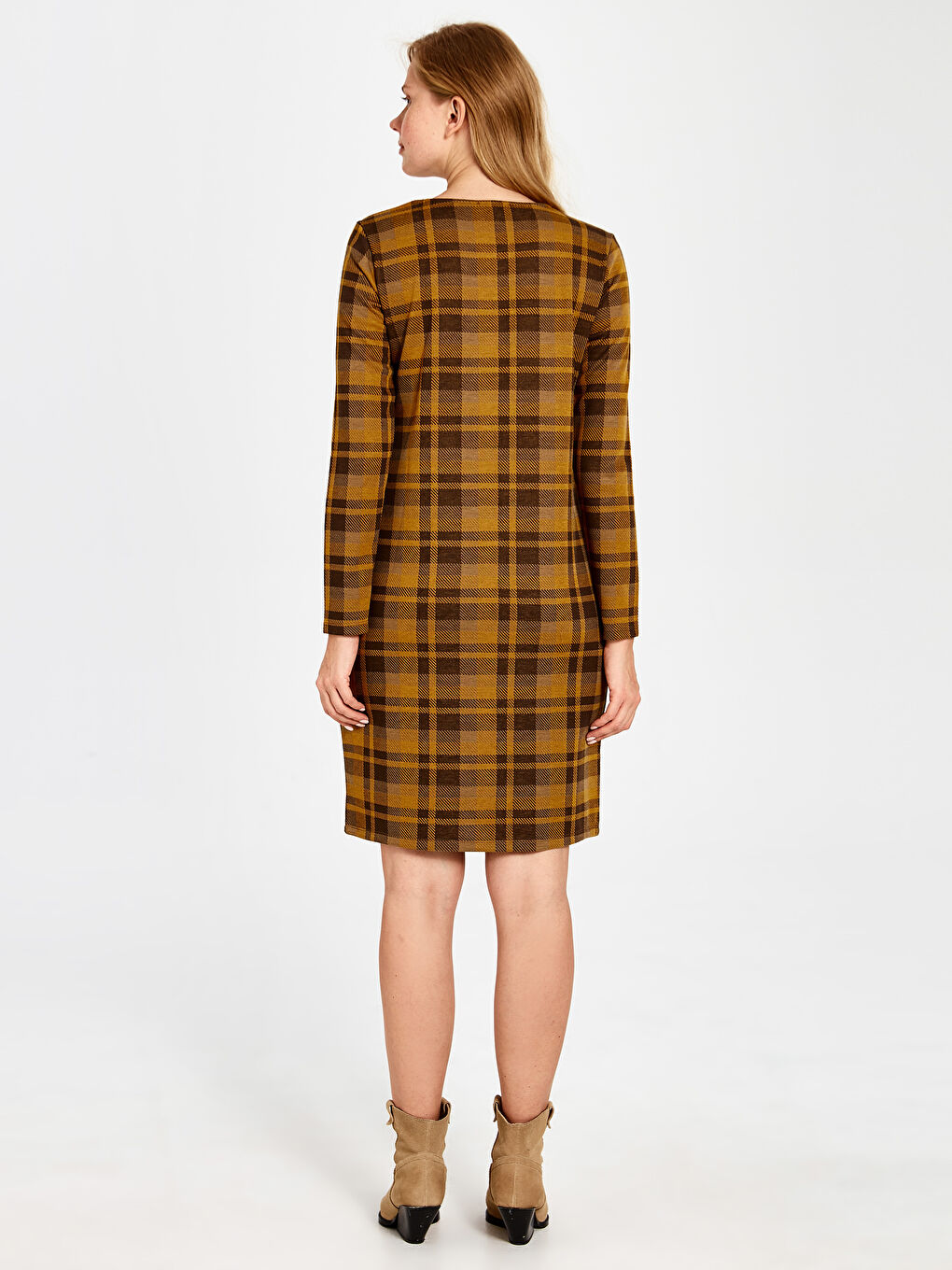 Sarı Bisiklet Yaka Uzun Kollu Kadın Elbise-2