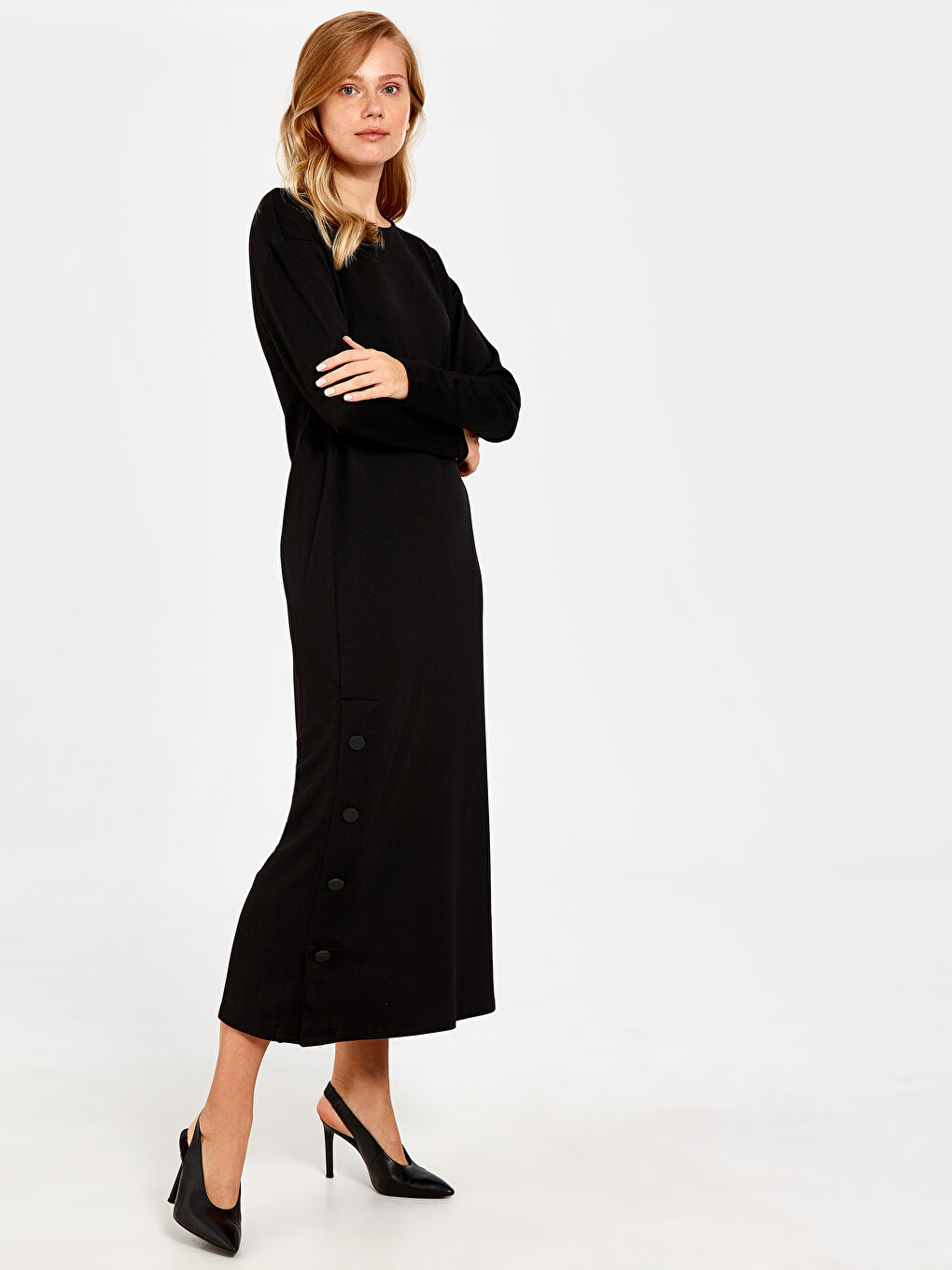 Siyah Kadın Bisiklet Yaka Uzun Kollu Düz Elbise