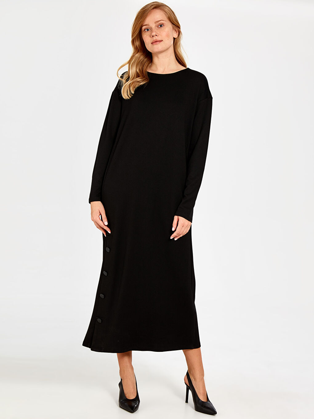 Siyah Kadın Bisiklet Yaka Uzun Kollu Düz Elbise-1