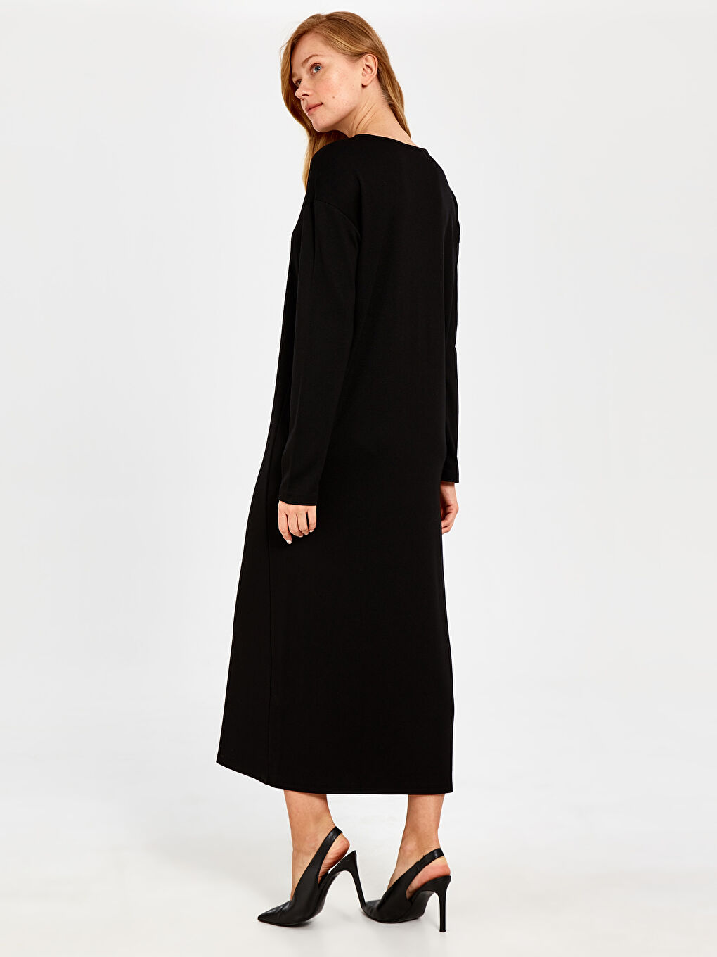 Siyah Kadın Bisiklet Yaka Uzun Kollu Düz Elbise-2