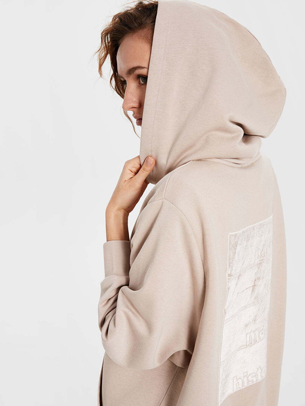 Bej Kapüşonlu Oversize Kadın Spor Hırka