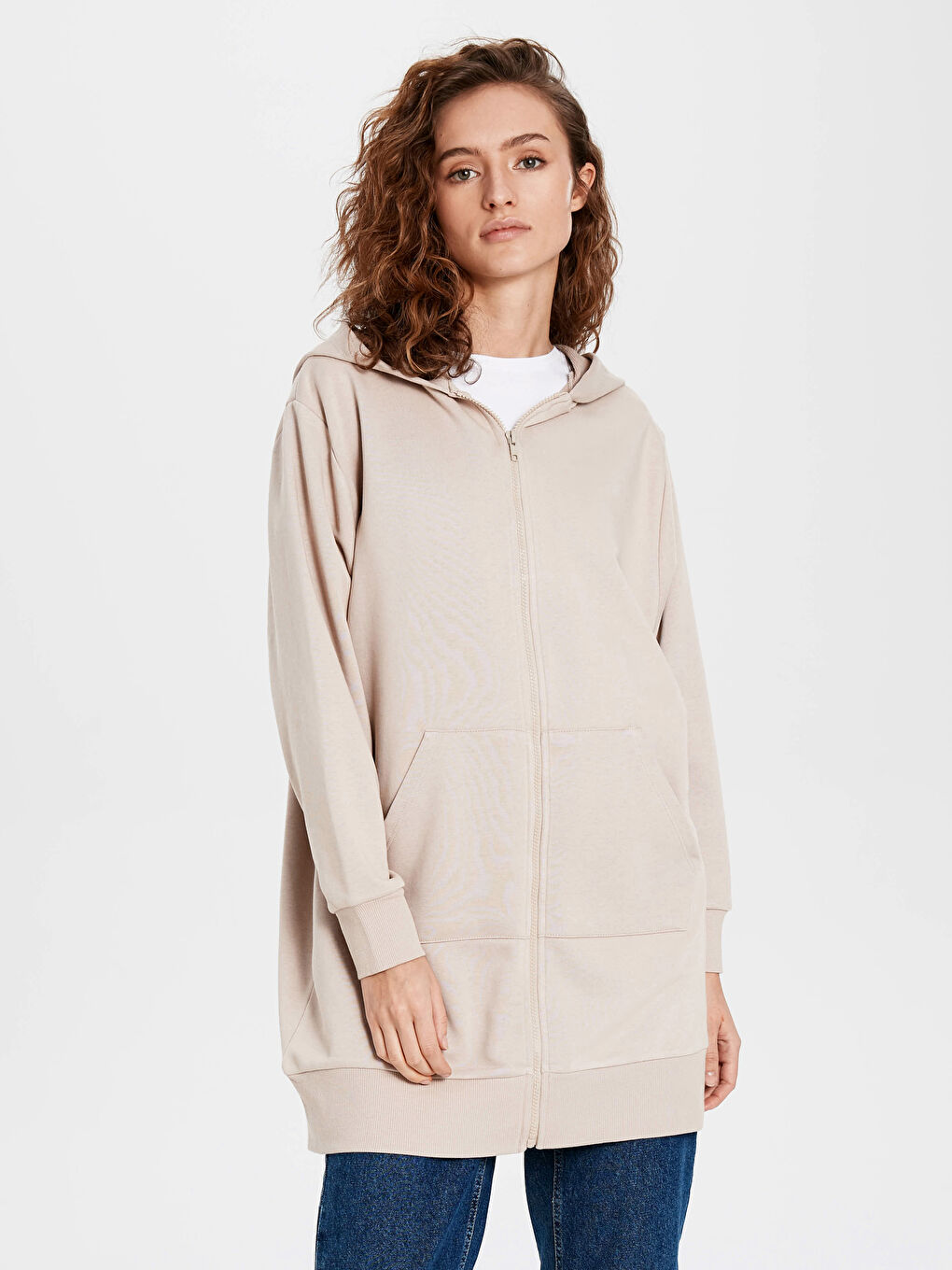 Bej Kapüşonlu Oversize Kadın Spor Hırka-1