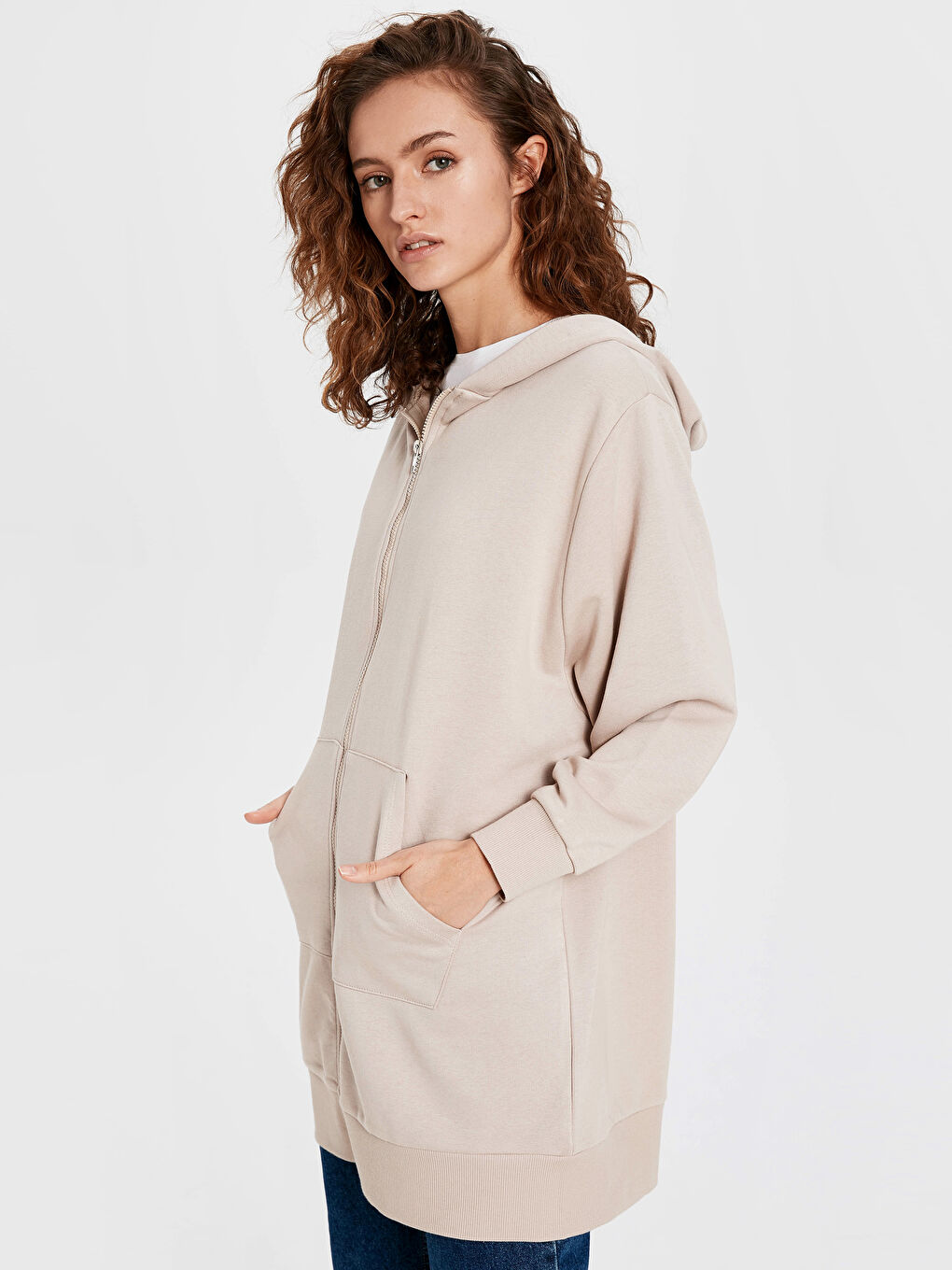 Bej Kapüşonlu Oversize Kadın Spor Hırka-2