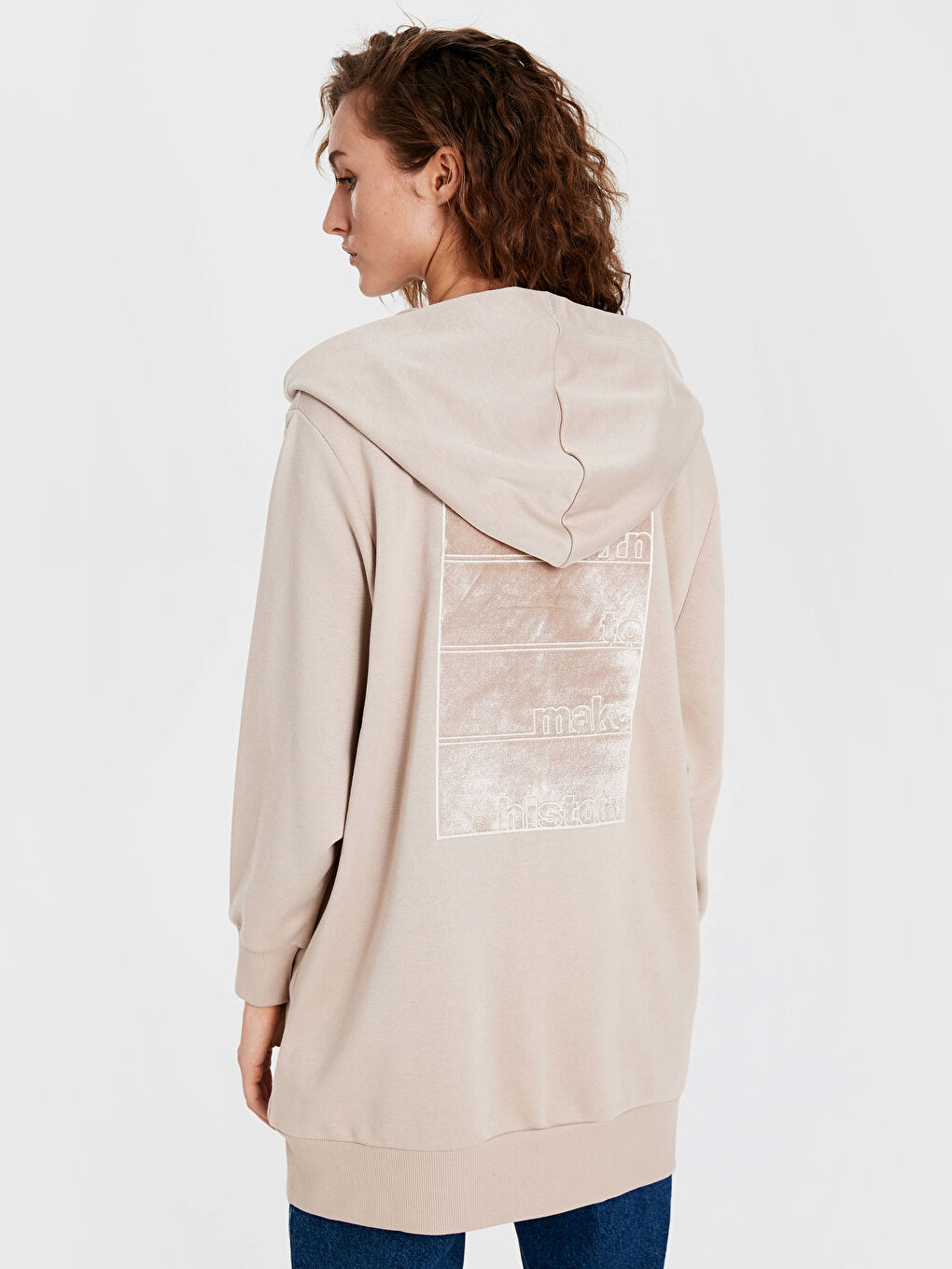 Bej Kapüşonlu Oversize Kadın Spor Hırka-3