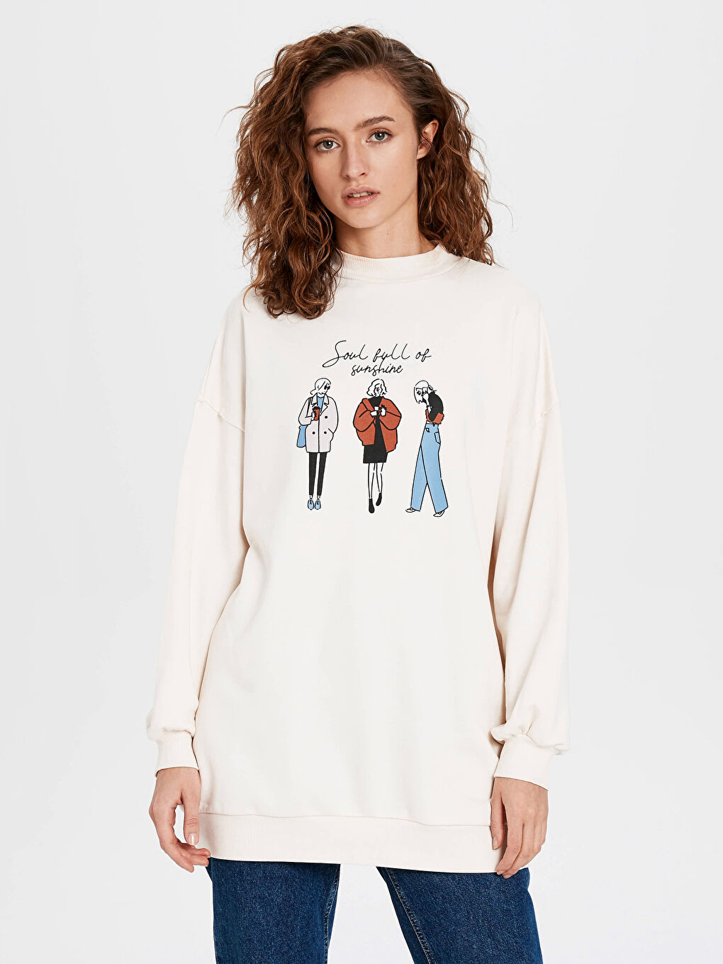 Ekru Bisiklet Yaka Baskılı Tunik