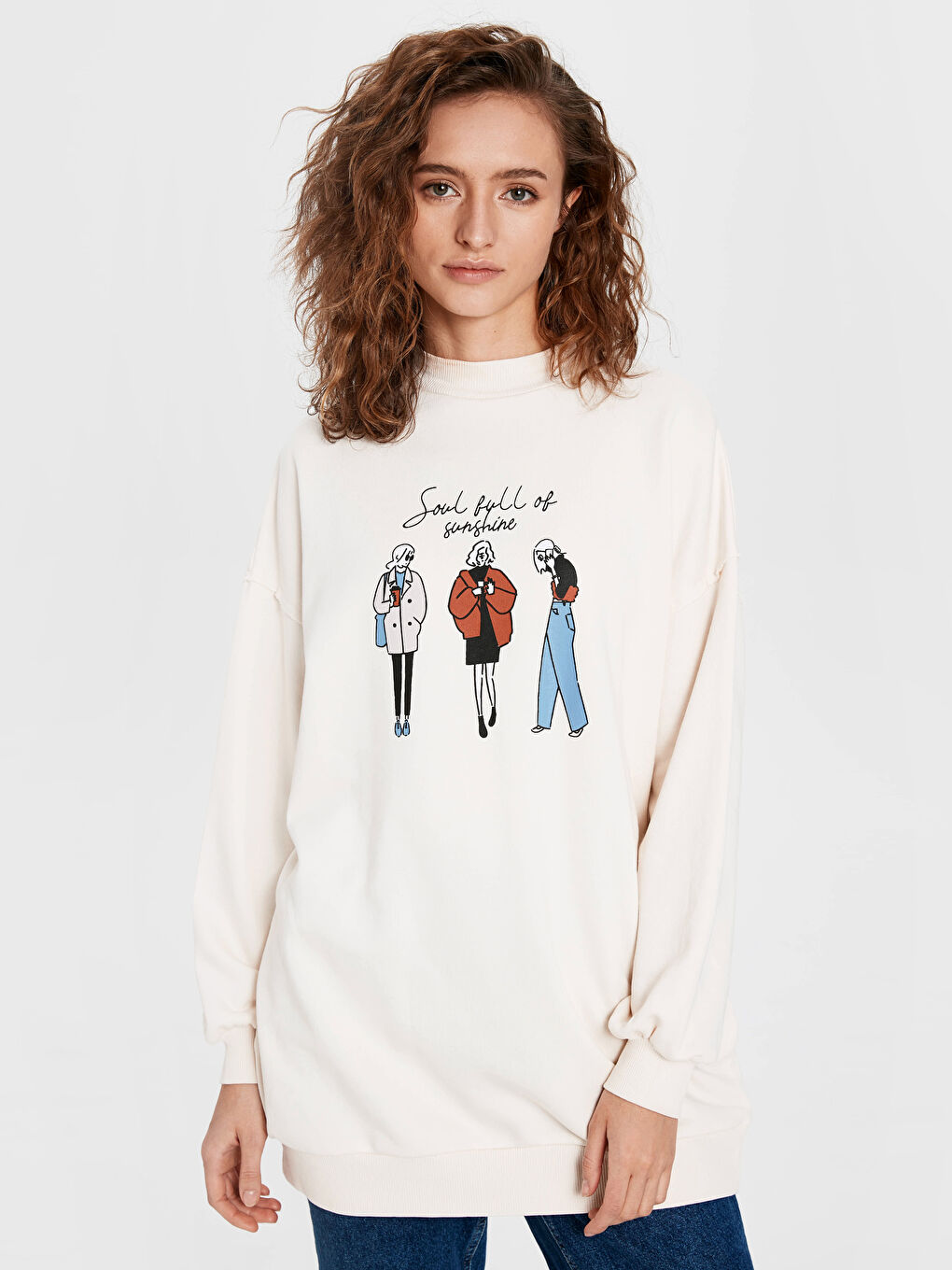 Ekru Bisiklet Yaka Baskılı Tunik-1