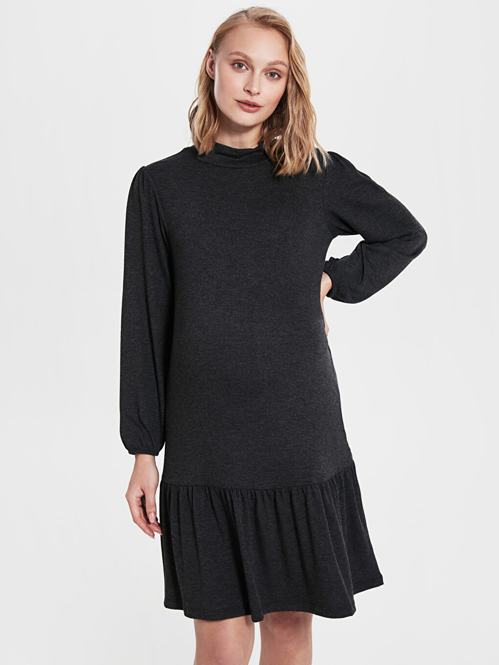 Antrasit Dik Yaka Düz Uzun Kollu Hamile Elbise