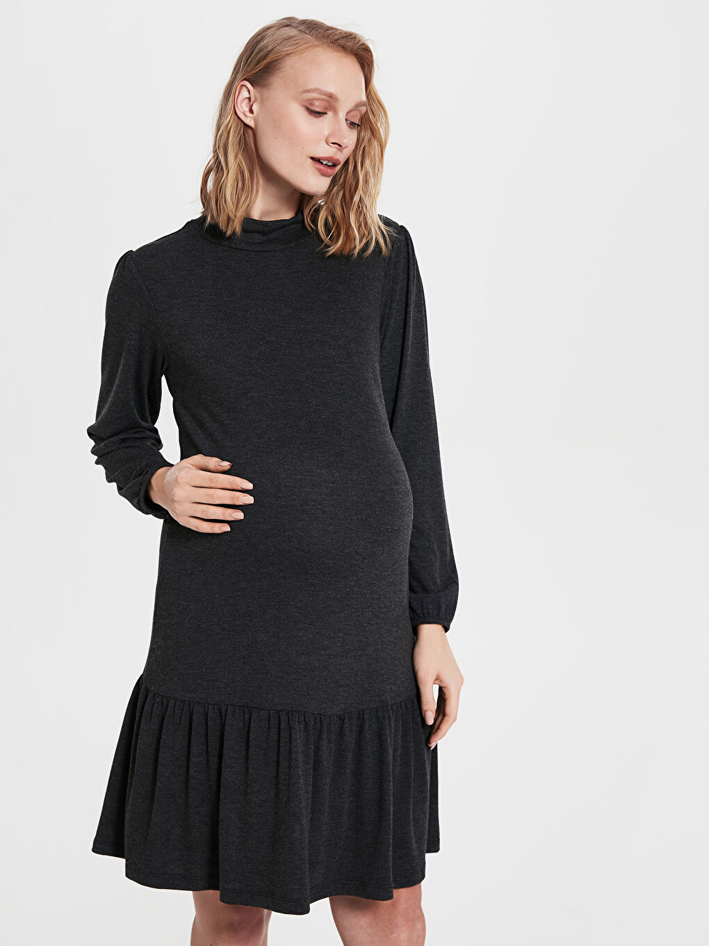 Antrasit Dik Yaka Düz Uzun Kollu Hamile Elbise-1