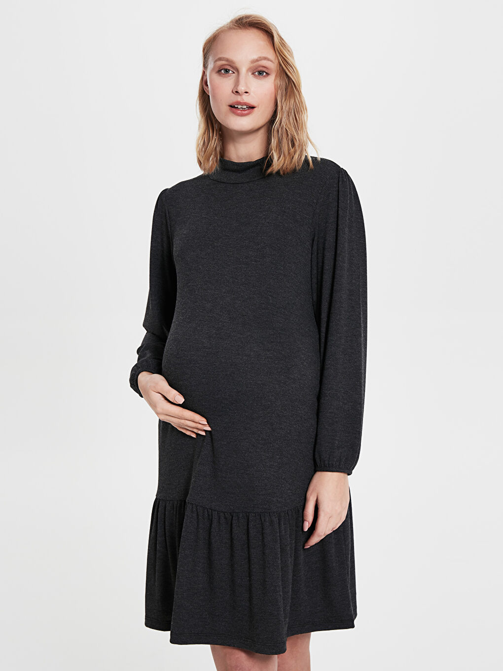 Antrasit Dik Yaka Düz Uzun Kollu Hamile Elbise-2