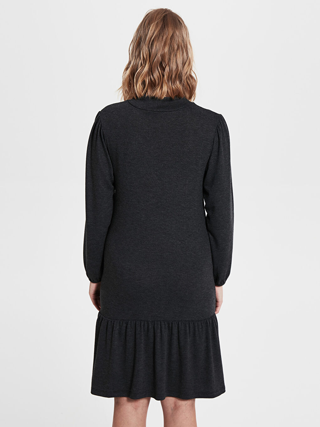 Antrasit Dik Yaka Düz Uzun Kollu Hamile Elbise-3