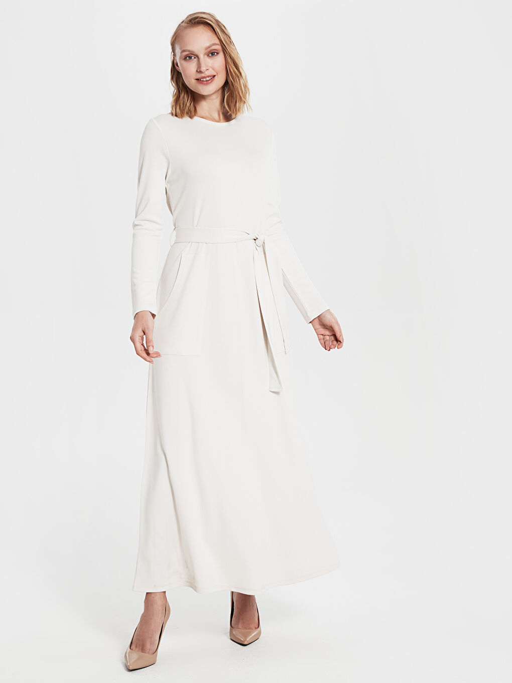 Gri Bisiklet Yaka Düz Uzun Kollu Ponte Kadın Elbise