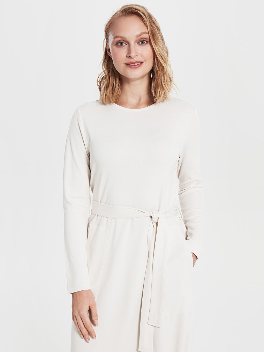 Gri Bisiklet Yaka Düz Uzun Kollu Ponte Kadın Elbise-6