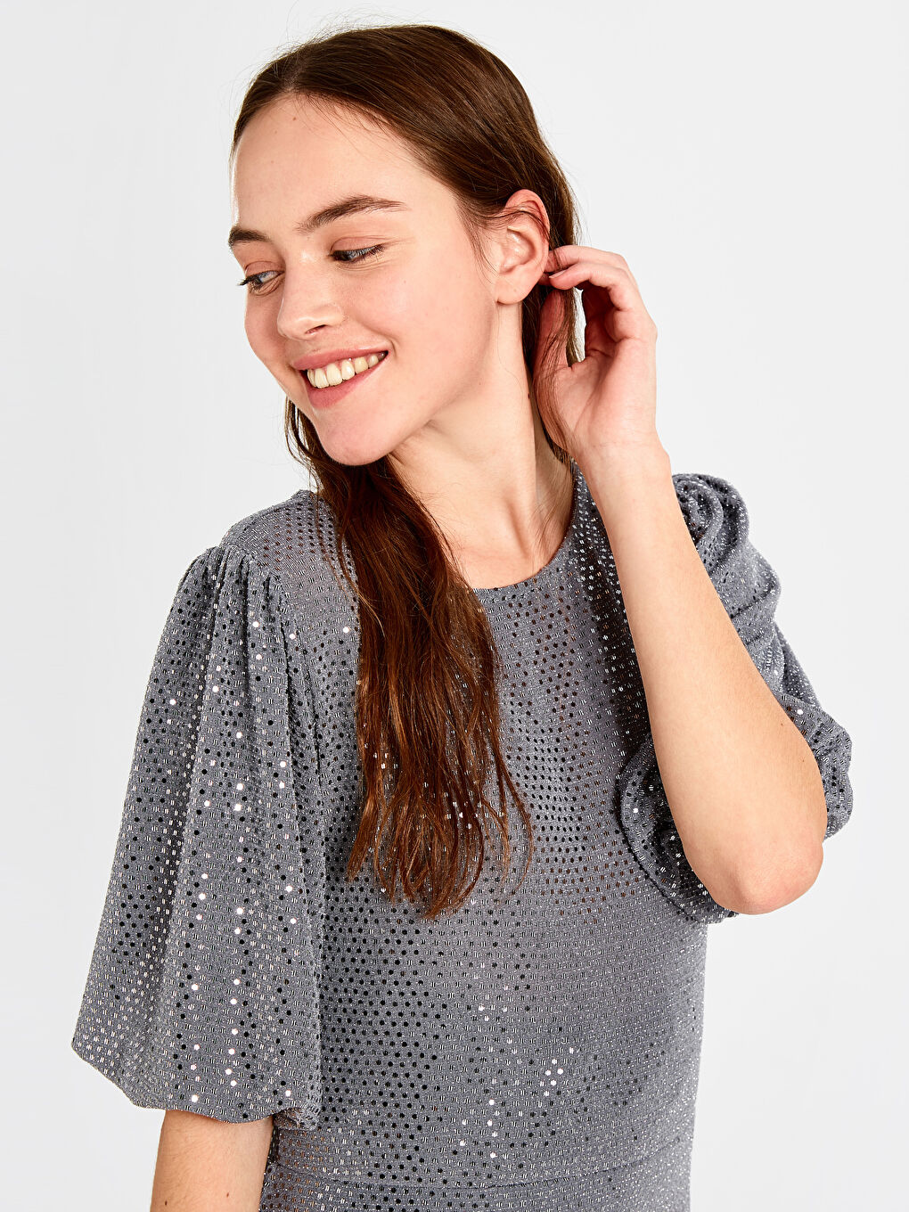 Gri Bisiklet Yaka Kısa Kollu Kadın Elbise-2