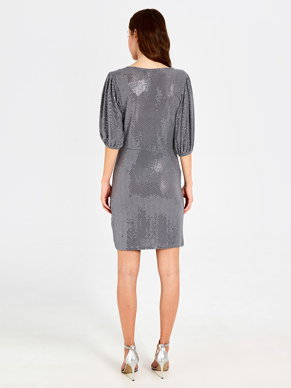 Gri Bisiklet Yaka Kısa Kollu Kadın Elbise-3