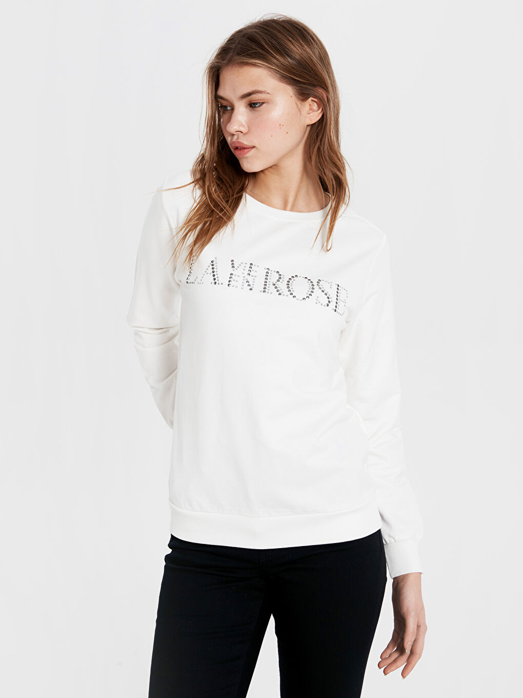 Ekru Regular Fit Yazı Baskılı Kadın Sweatshirt-1