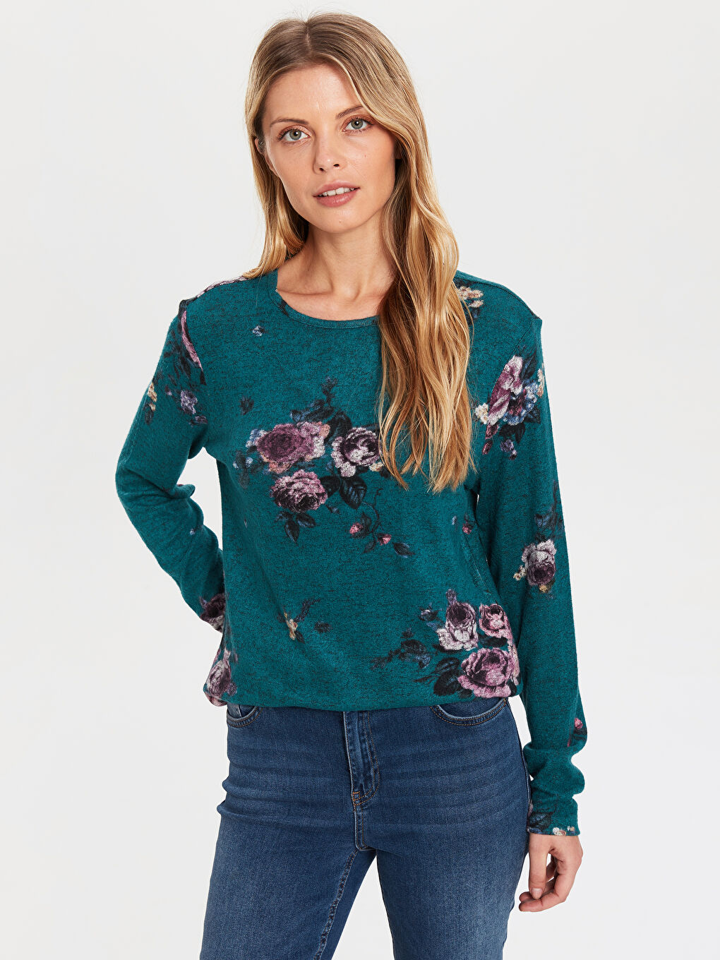 Yeşil Bisiklet Yaka Uzun Kollu Kadın Tişört