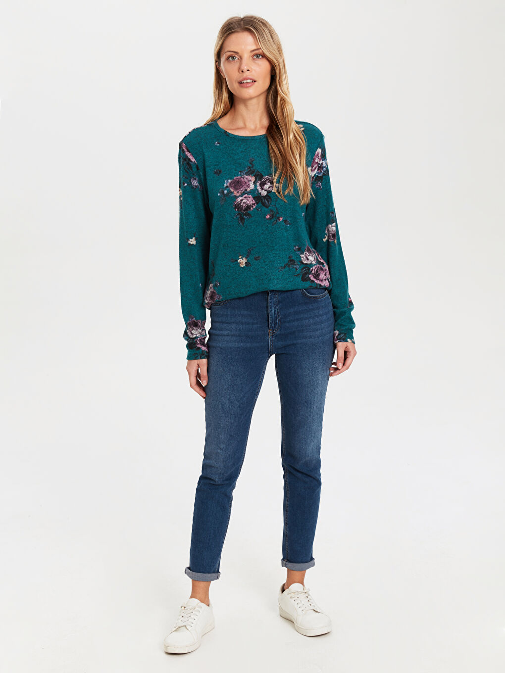 Yeşil Bisiklet Yaka Uzun Kollu Kadın Tişört-4