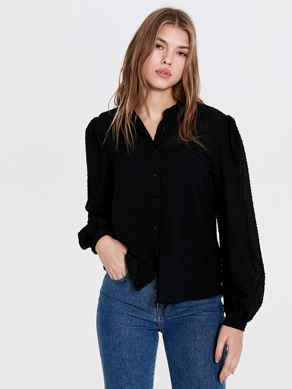 Siyah Balon Kol Şifon Gömlek