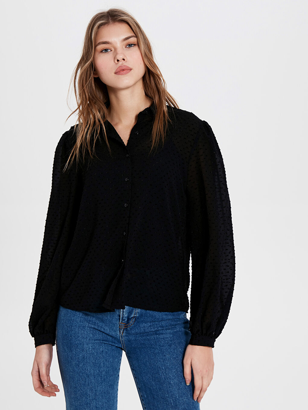 Siyah Balon Kol Şifon Gömlek-1