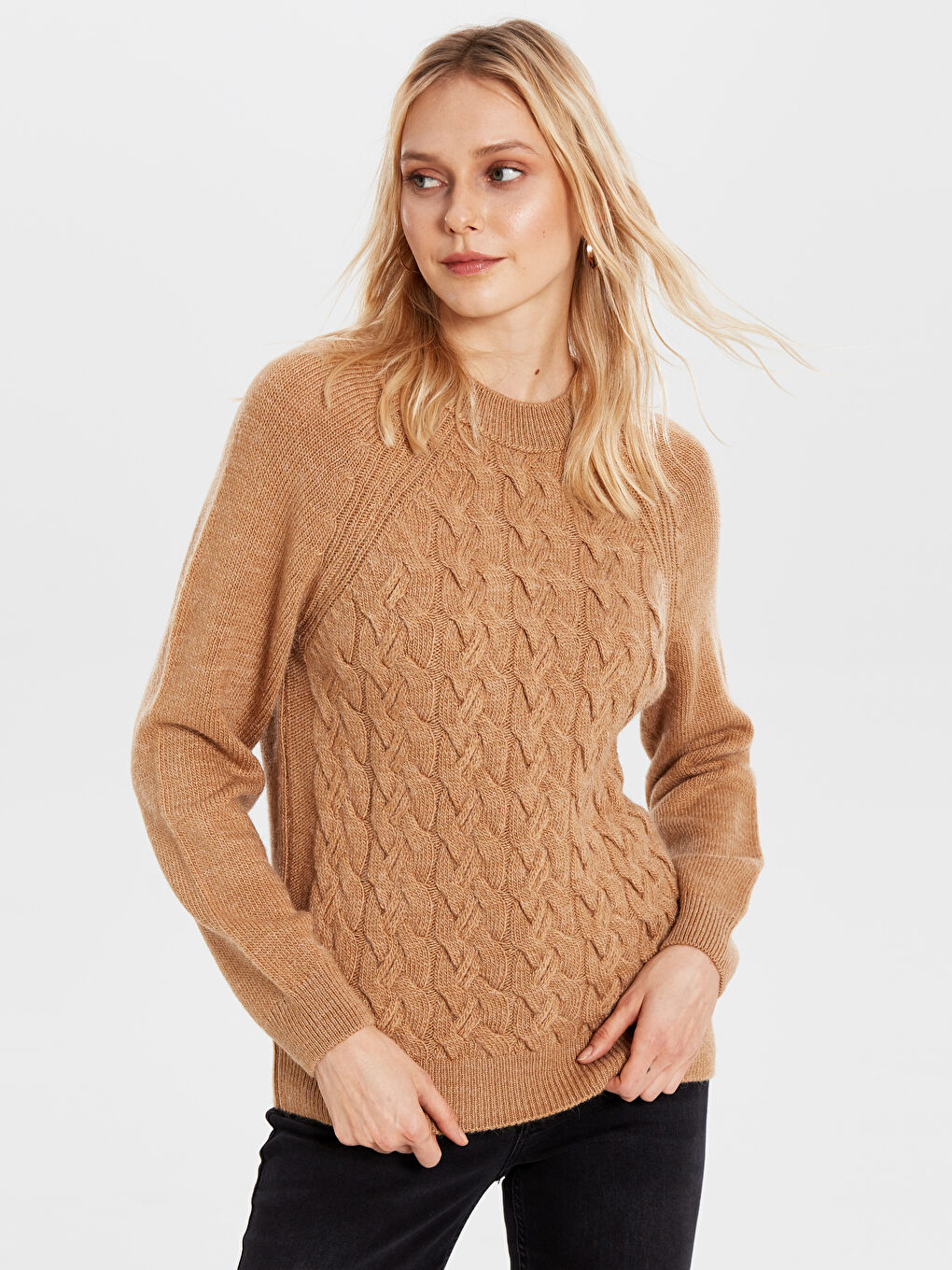 Kahverengi Yarım Balıkçı Yaka Kendinden Desenli Uzun Kollu Kadın Kazak