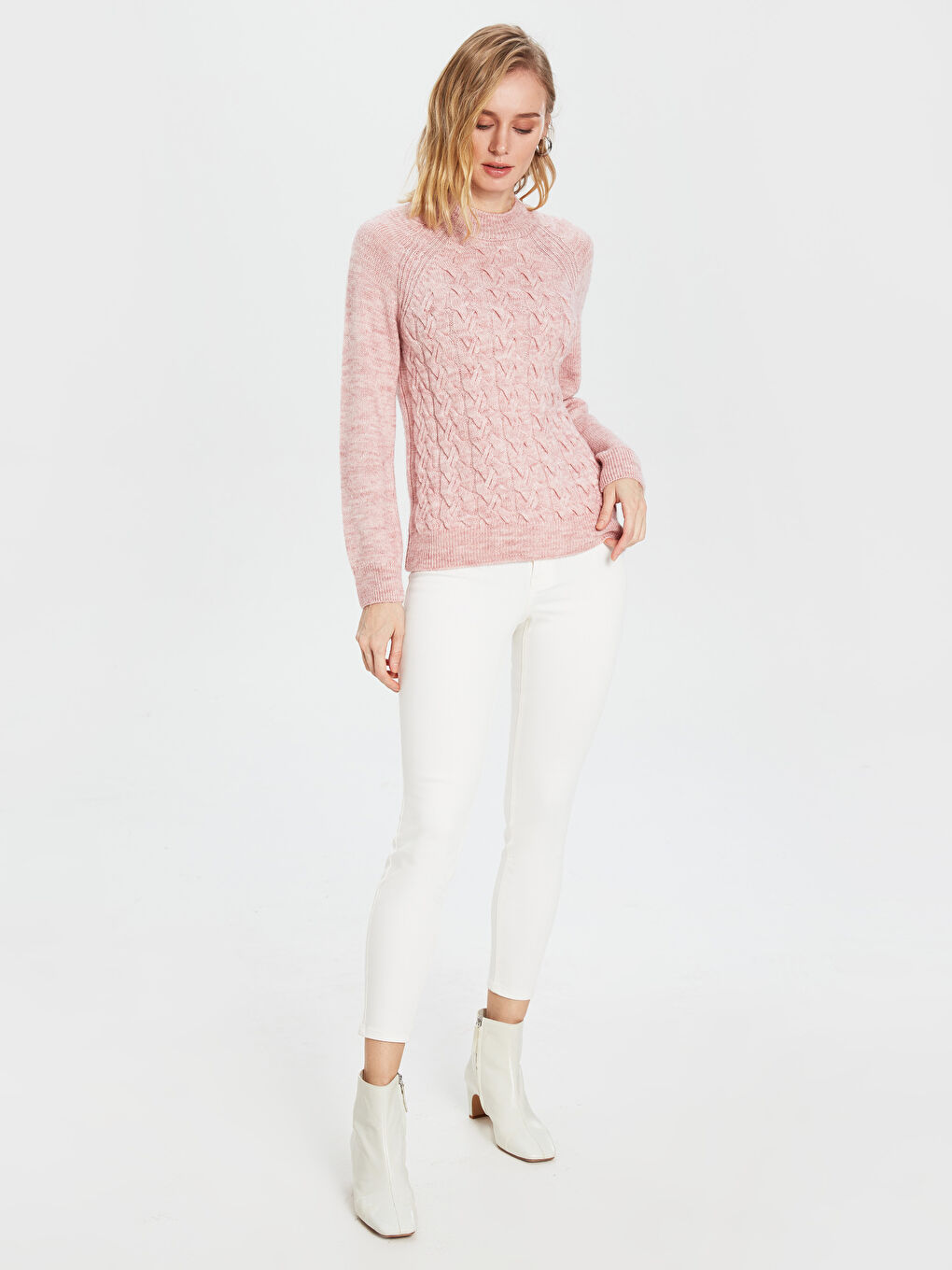 Pembe Yarım Balıkçı Yaka Kendinden Desenli Uzun Kollu Kadın Kazak-4