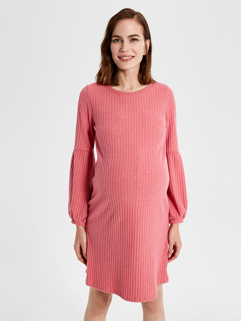 Pembe Bisiklet Yaka Düz Uzun Kollu Kadın Elbise