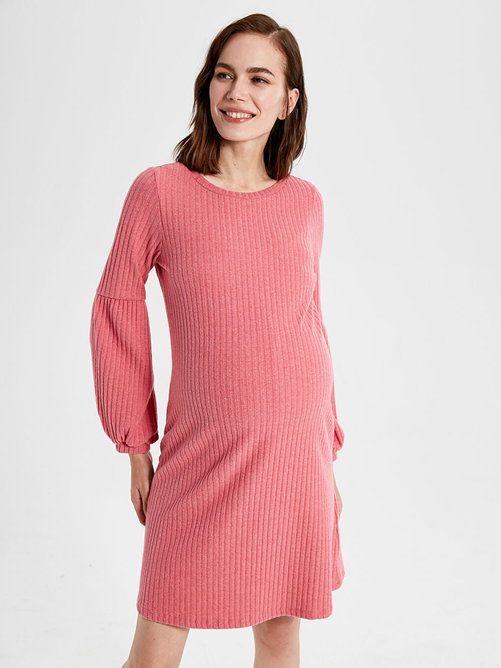 Pembe Bisiklet Yaka Düz Uzun Kollu Kadın Elbise-1