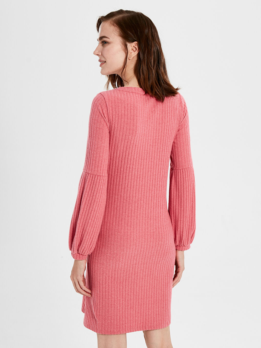 Pembe Bisiklet Yaka Düz Uzun Kollu Kadın Elbise-2