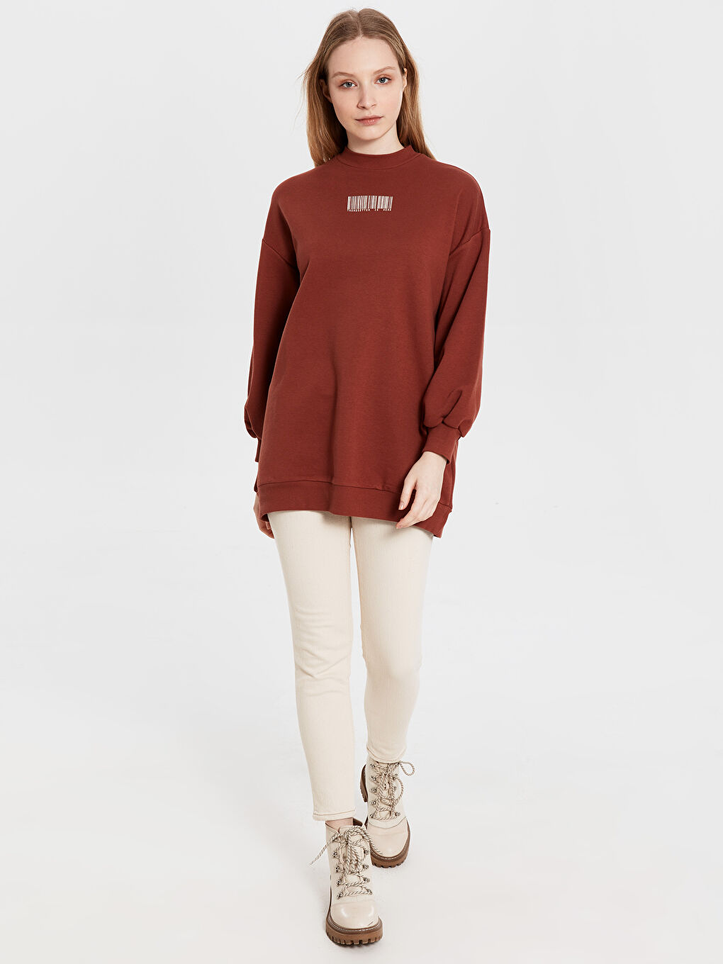 Kahverengi Barkod Baskılı Salaş Tunik-2