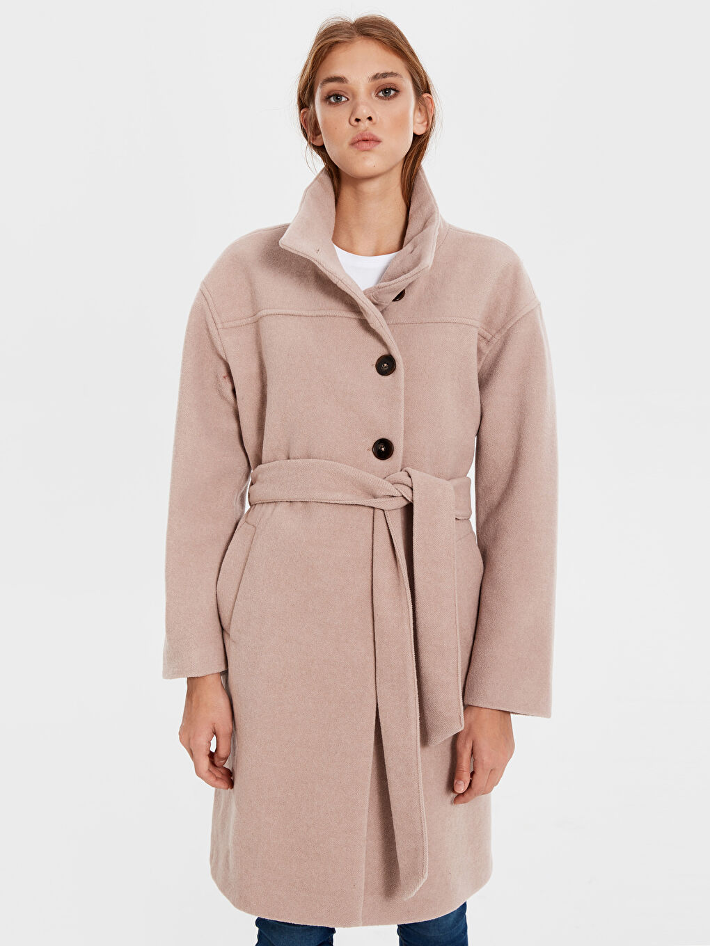 Bej Hakim Yaka Uzun Kollu Kadın Kaşe Kaban-1