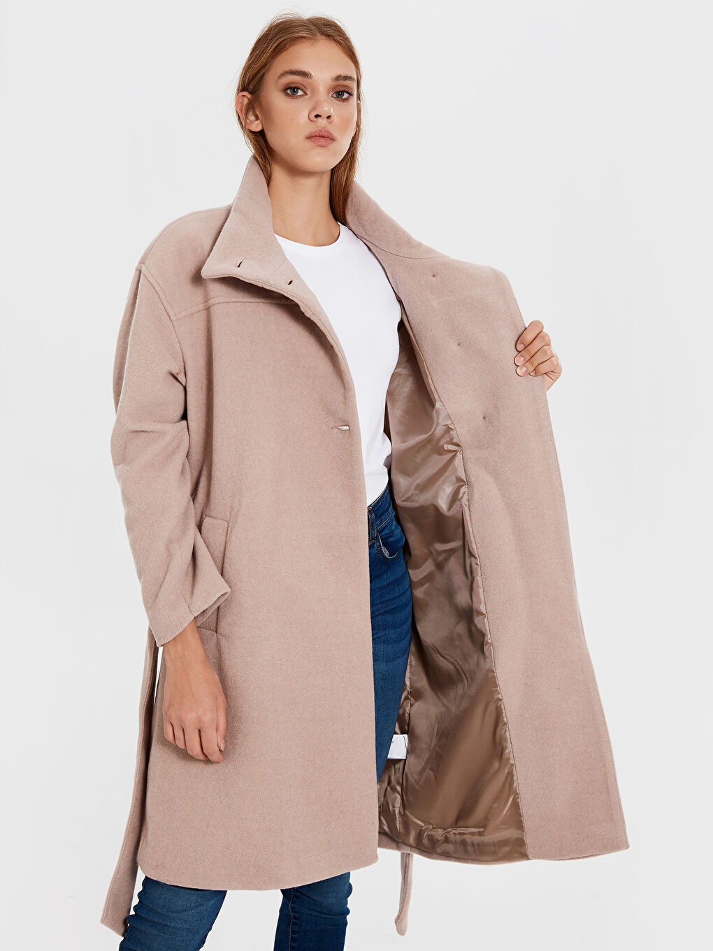 Bej Hakim Yaka Uzun Kollu Kadın Kaşe Kaban-2