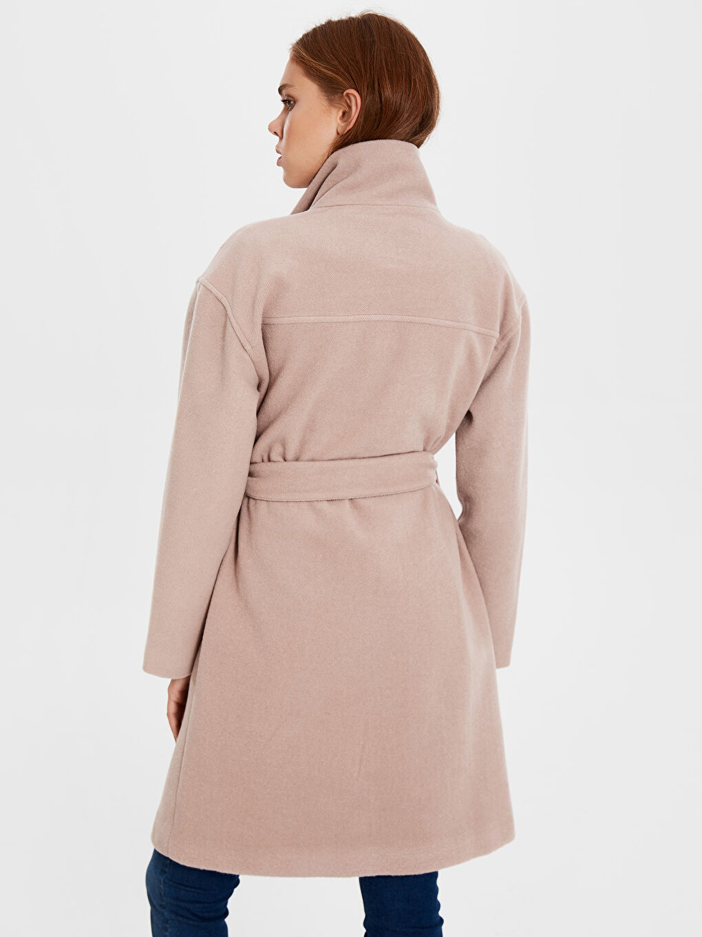 Bej Hakim Yaka Uzun Kollu Kadın Kaşe Kaban-3