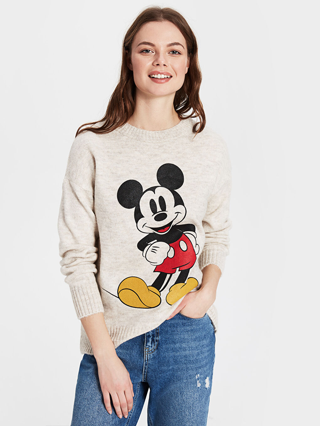 Ekru Bisiklet Yaka Uzun Kollu Kadın Kazak