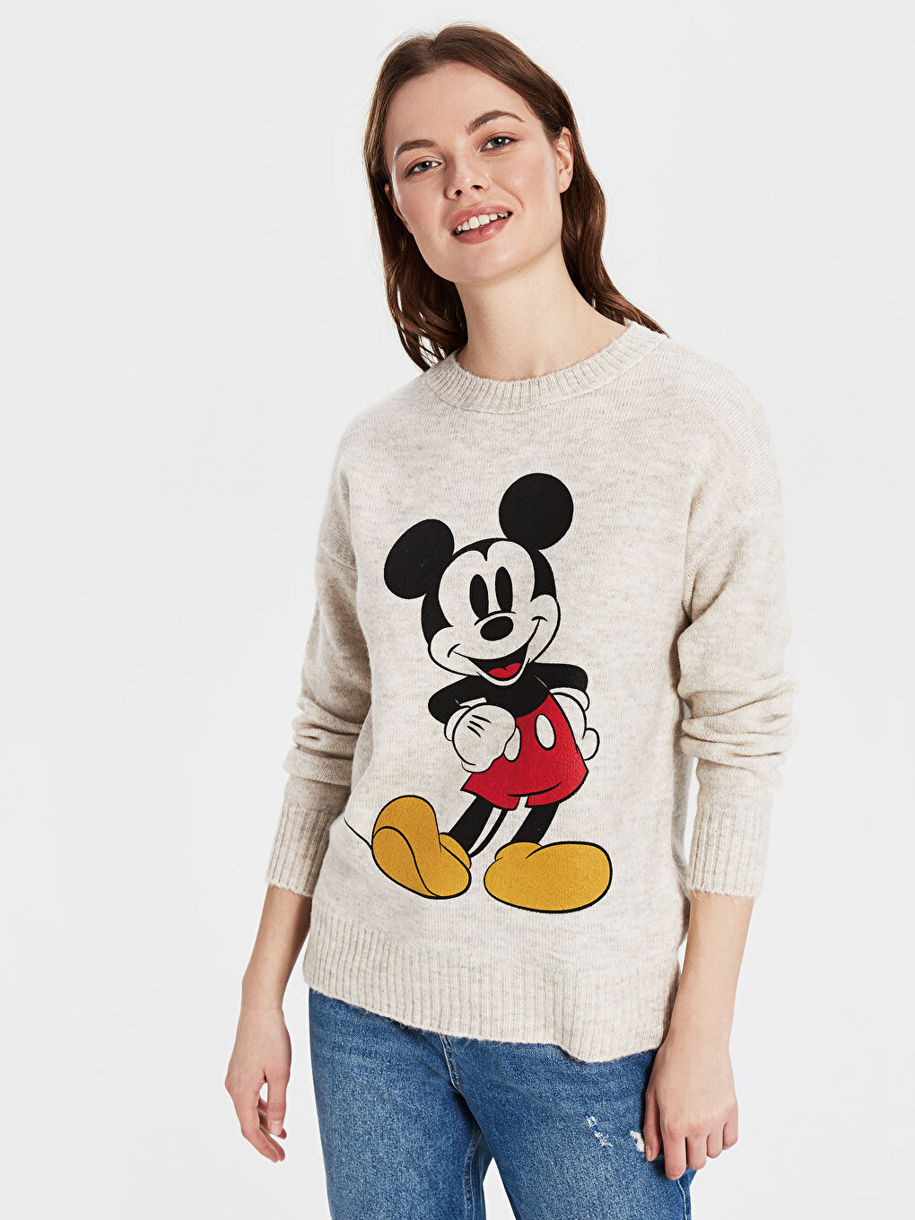 Ekru Bisiklet Yaka Uzun Kollu Kadın Kazak-1