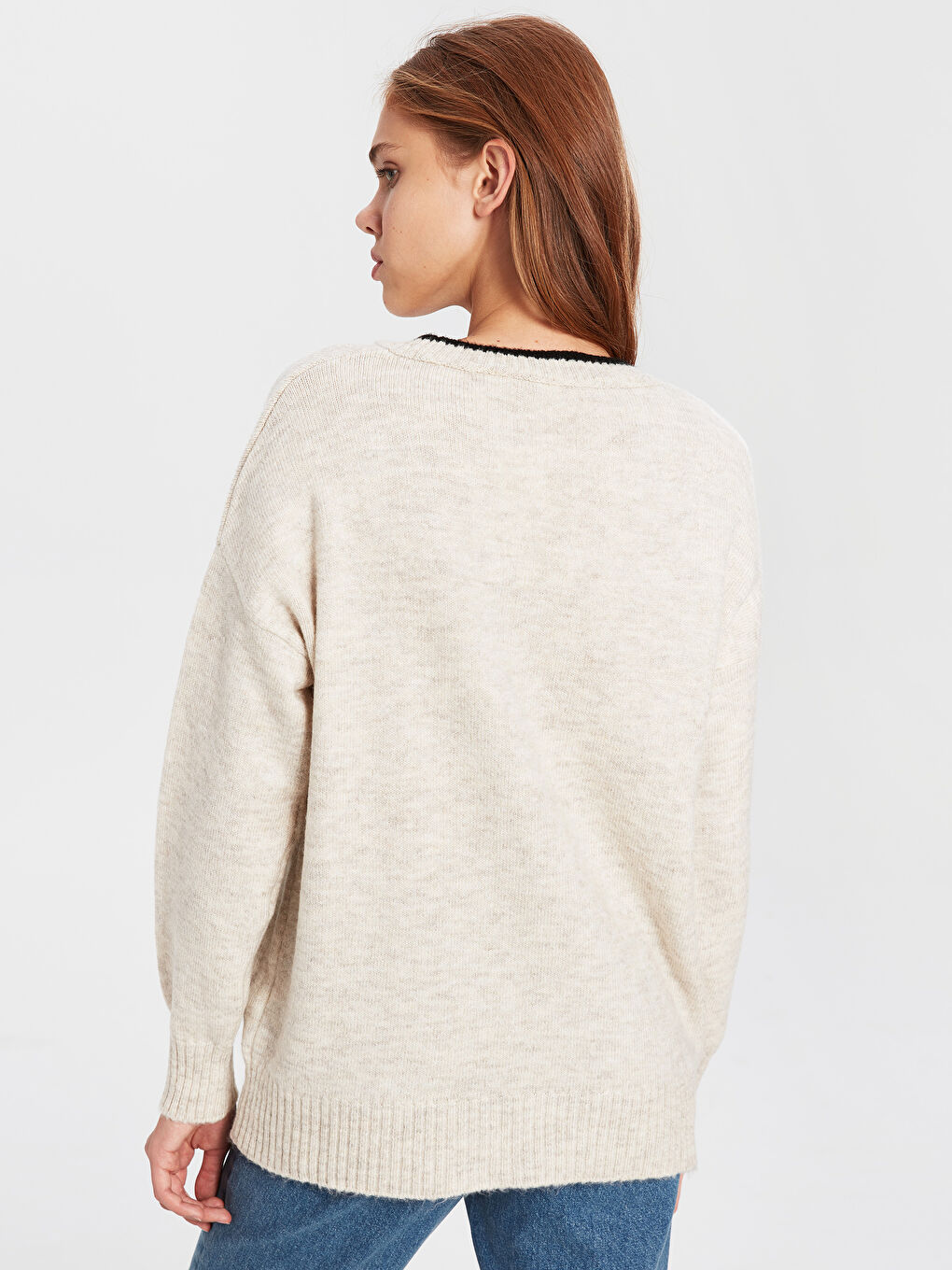 Ekru Bisiklet Yaka Uzun Kollu Kadın Kazak-1