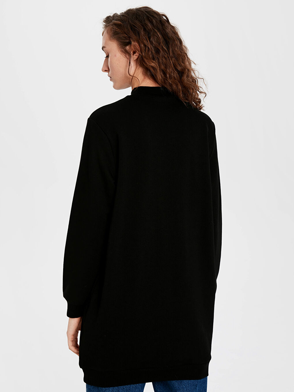 Siyah Dik Yaka Sweatshirt Kumaşı Kadın Tunik-2