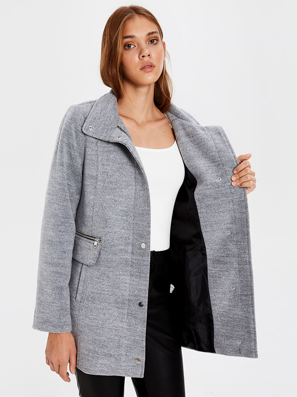 Gri Uzun Kollu Kadın Kaşe Kaban-1